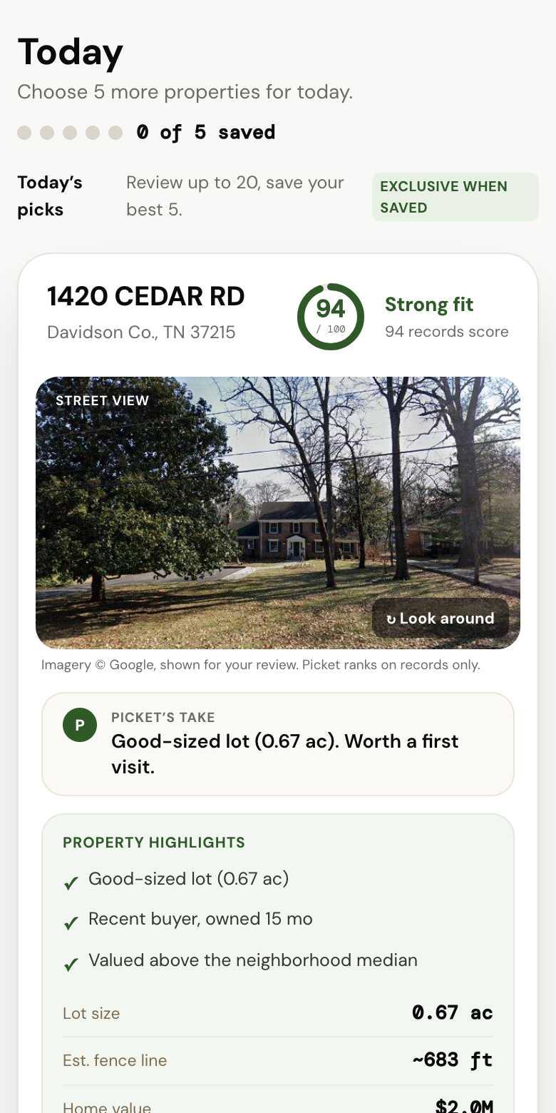 Picket board showing recommended properties